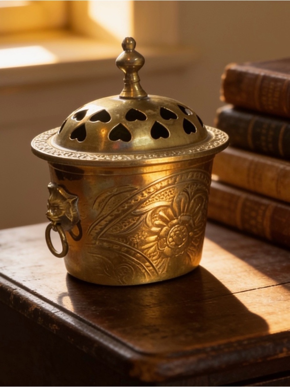 Vintage Gold Heart Cutout Brass Lantern with Lion-Head Ring